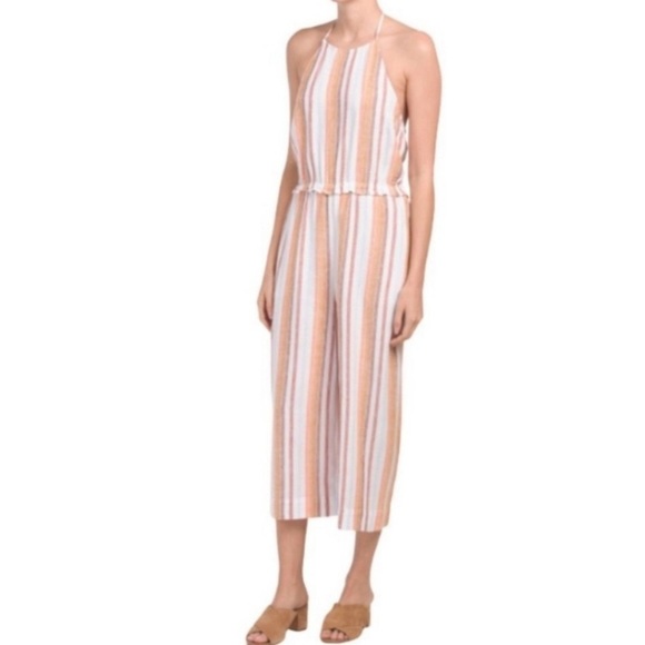 Cloth & Stone Striped Linen Blend Halter Neck Crop Leg Jumpsuit Orange Cream M - Picture 1 of 10
